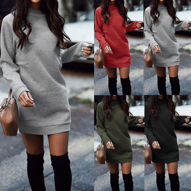 Women's Color Fashion Round Neck Long Sleeve Dresses