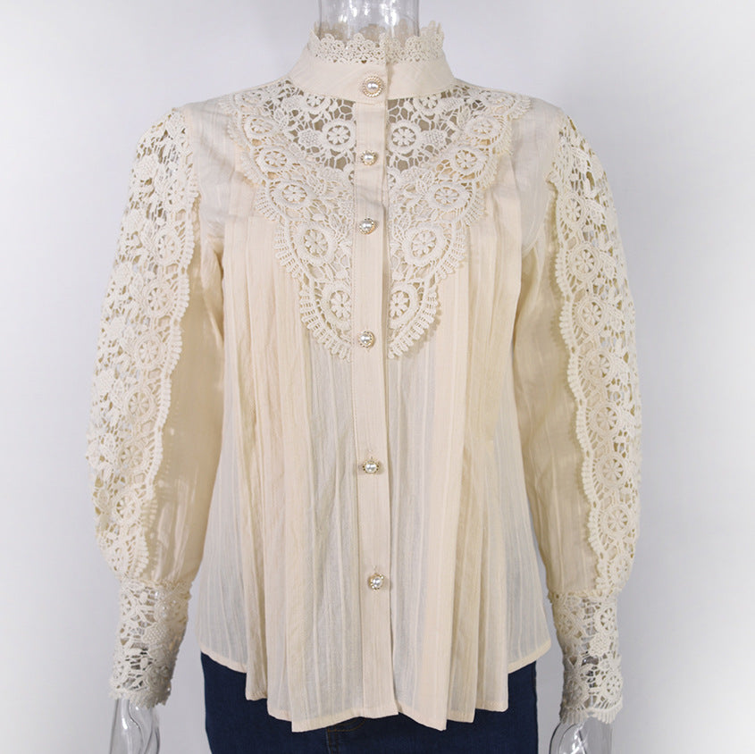 Women's Collar Cotton Solid Color Lace Hollow-out Long-sleeved Blouses