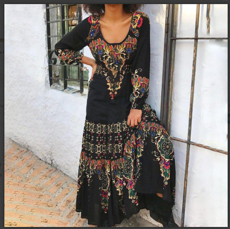 Printed Round-neck Long Stitching Long-sleeved Dress Dresses