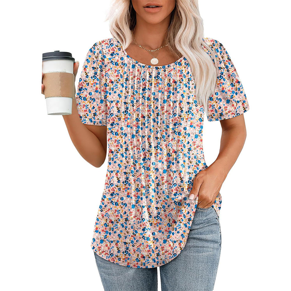 Women's Pleated Round Neck Short-sleeved T-shirt Blouses