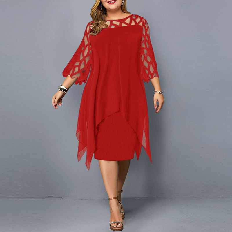 Women's Large Fashion Lace Stitching 3/4 Sleeve Irregular Hem Chiffon Dresses