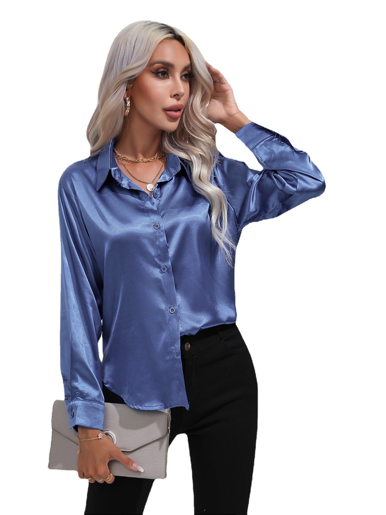 Women's Attractive Pretty Satin Shirt Long-sleeved Blouses