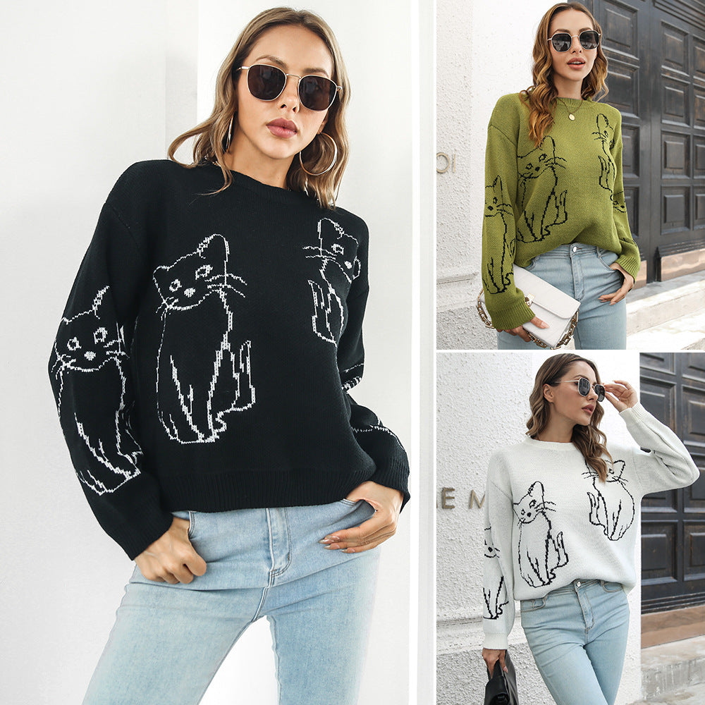 Women's Glamorous Cat Brocade Loose Long-sleeved Sweaters