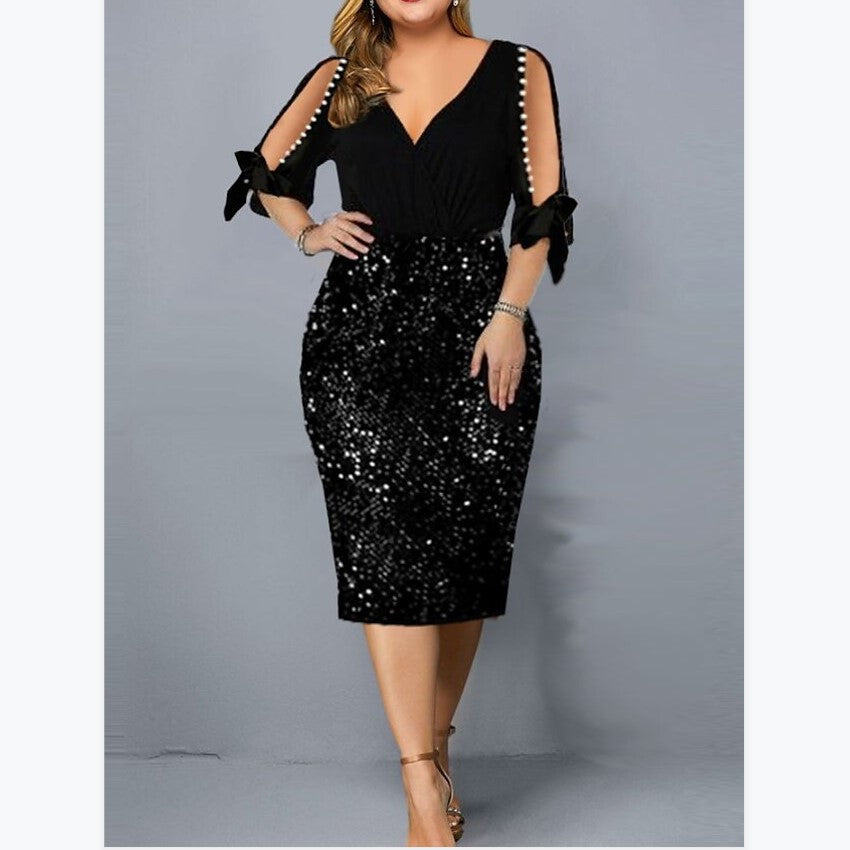 Women's V-neck Personalized Sequined Design Large Dress Dresses