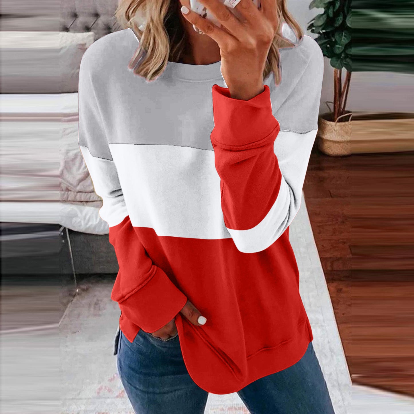 Women's Color Matching Contrast Casual Loose Pullover Blouses