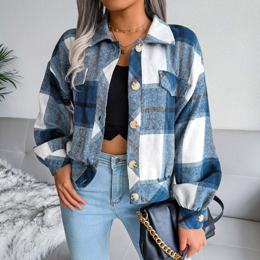 Women's Plaid Lantern Long Sleeve Woolen Jackets