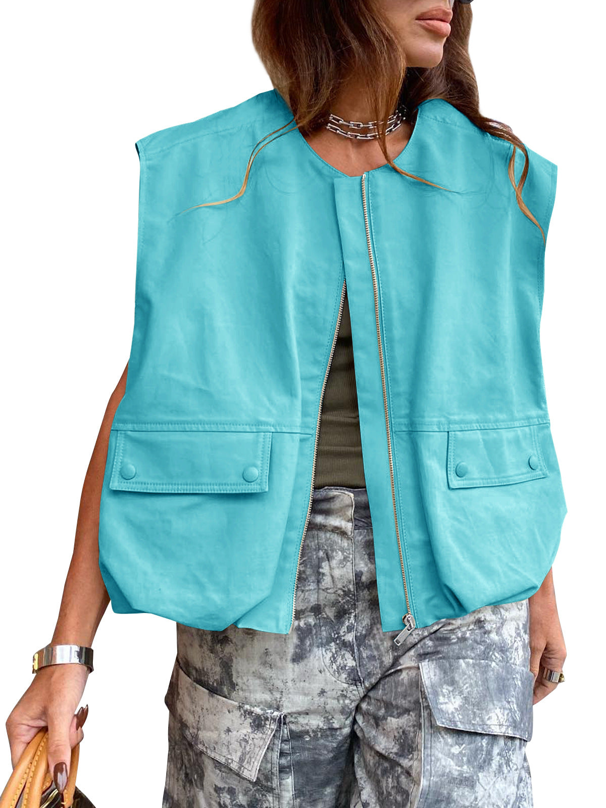 Women's Pocket Loose-fitting Waistcoat Solid Color Zipper Cardigans