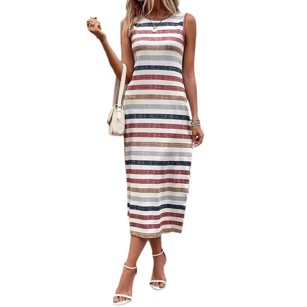 Women's Sleeveless Striped Slit Long Dress Dresses