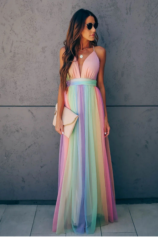 Women's Sexy Suspenders Deep V Rainbow Mesh Dresses