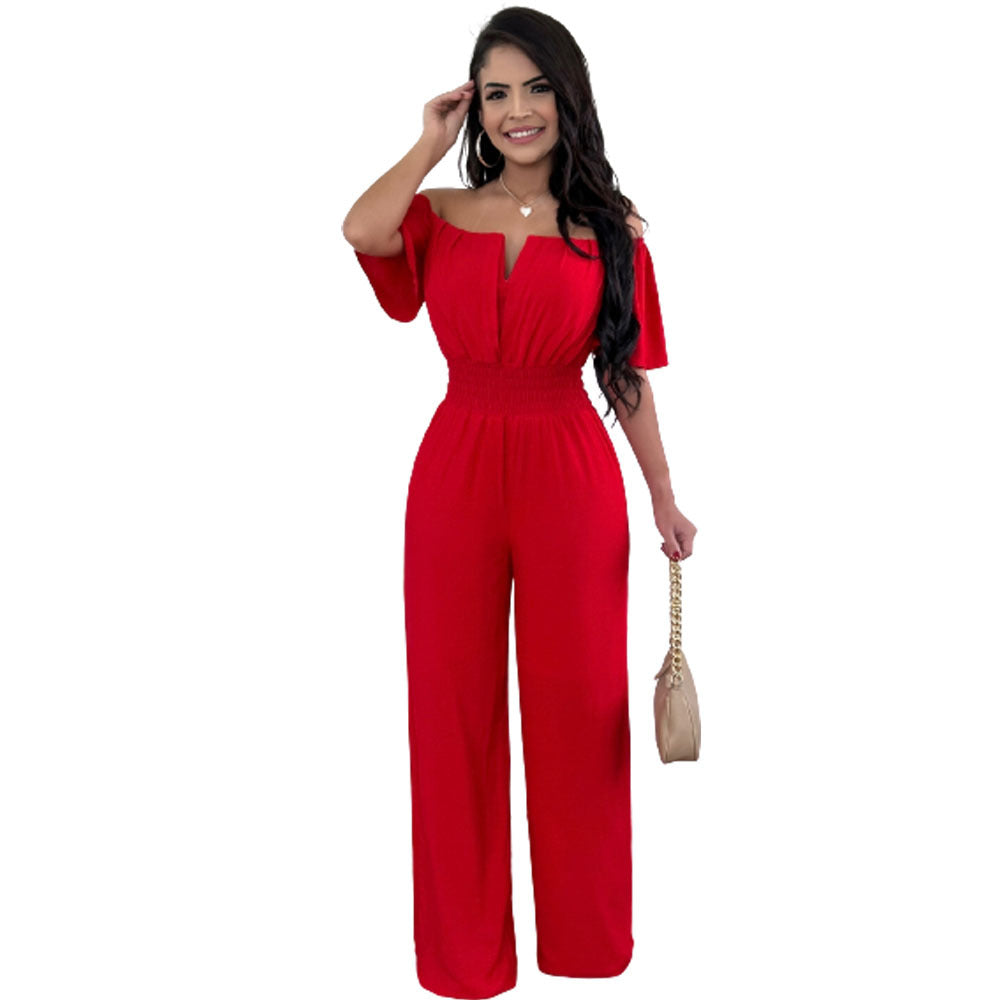 Women's Off-neck Waist Trimming Loose Straight Collar Jumpsuits