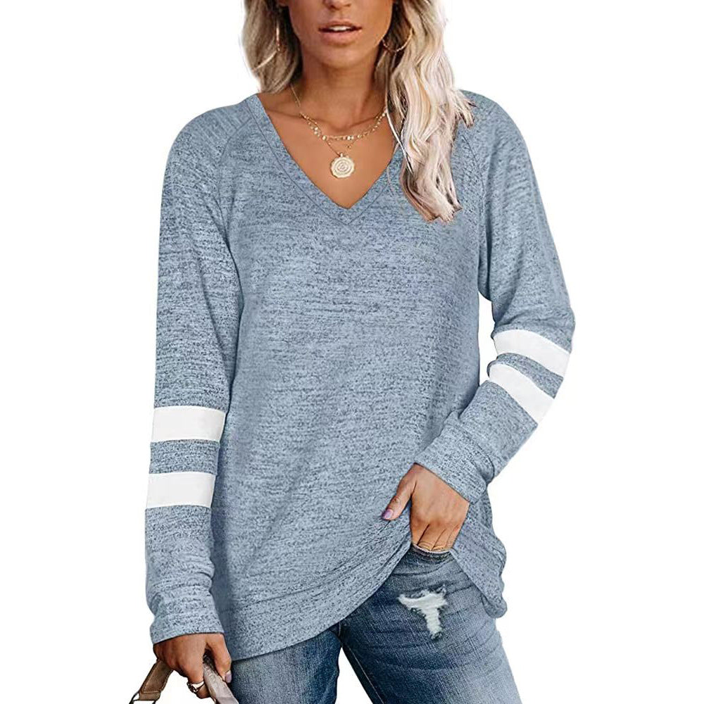 Women's Long Sleeve Color Patchwork V-neck Loose-fitting Casual Tops