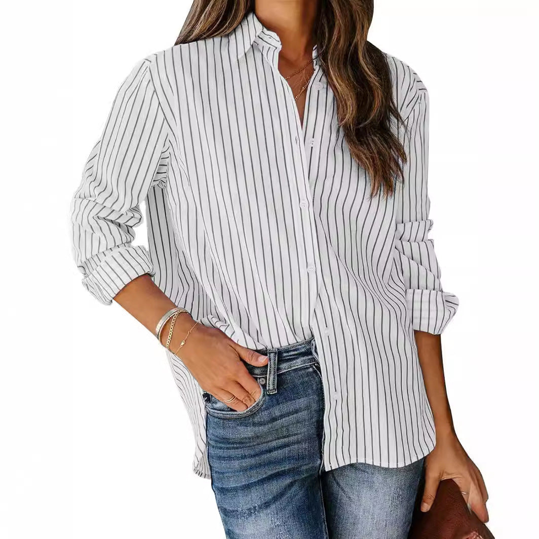 Women's Casual Striped Long-sleeved Button Shirt Blouses