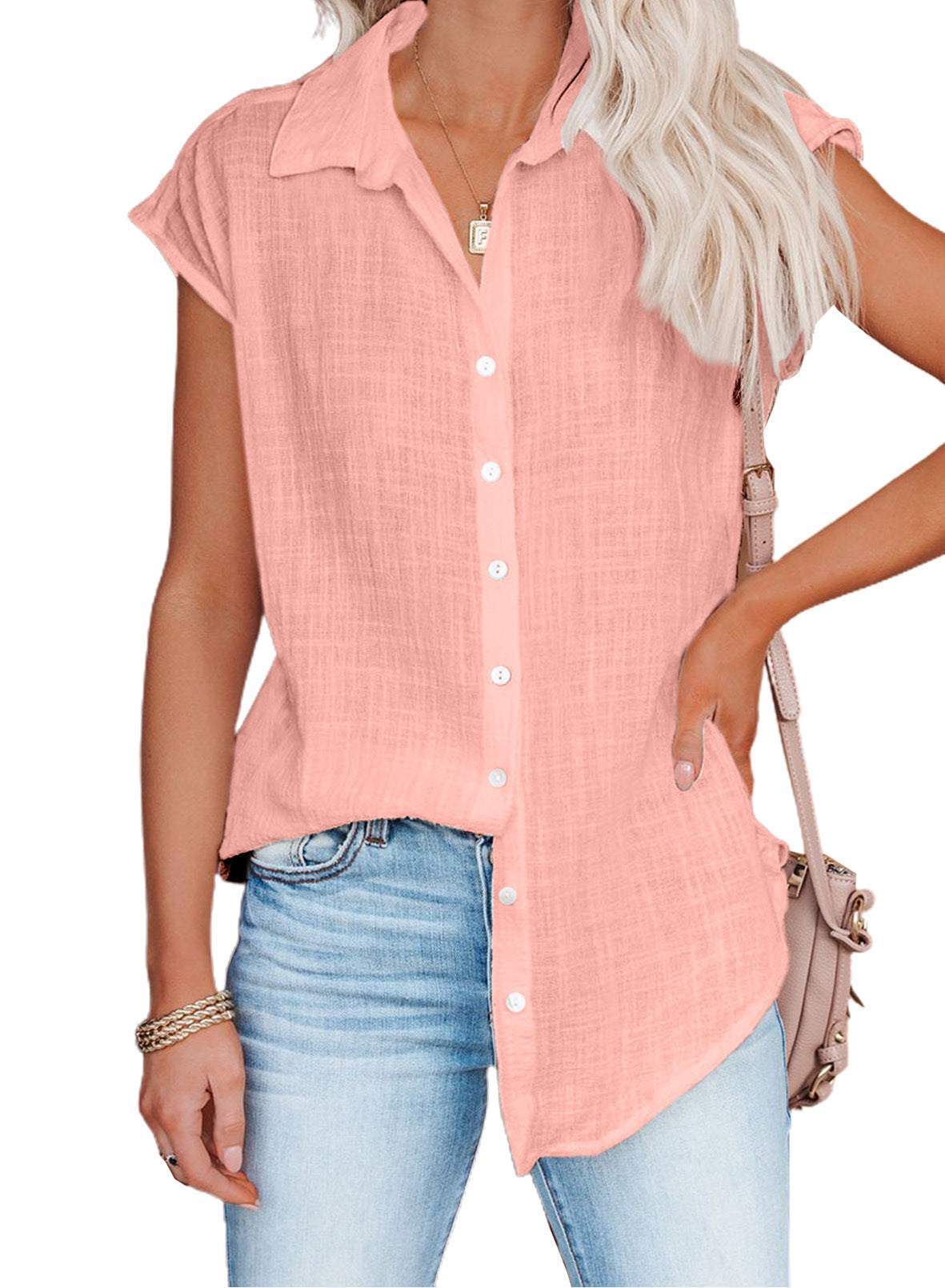 Summer Solid Color Single-breasted Lapel Shirt Blouses