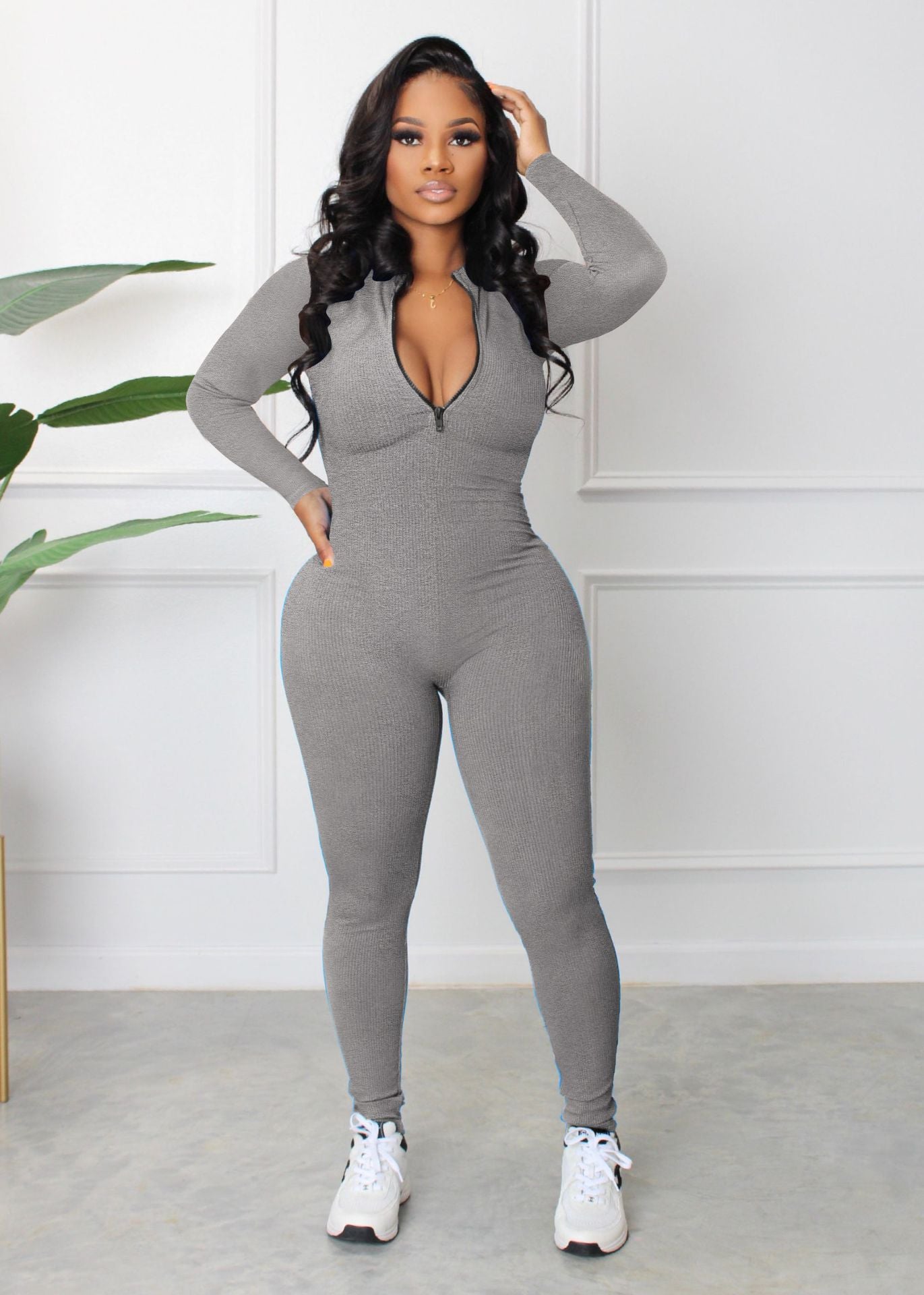 Pretty Autumn Sunken Stripe Zipper Sports Jumpsuits