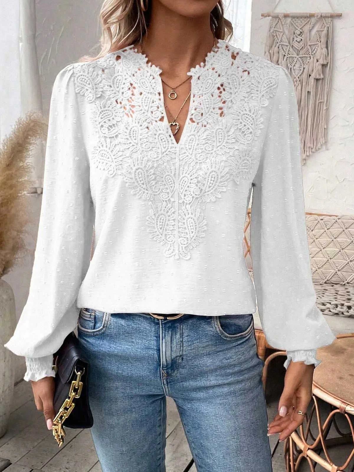 Women's Autumn Lace Stitching Solid Color Shirt Blouses