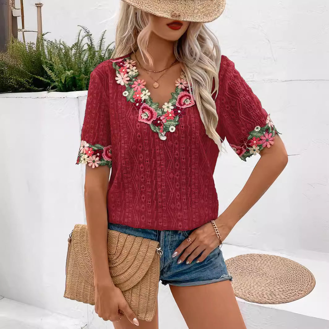 Women's Ma Summer Sexy Deep Lace Short-sleeved Blouses