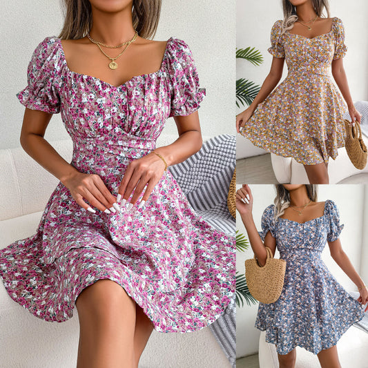 Women's Elegant Floral Lace-up Waist-controlled Large Hem Dresses