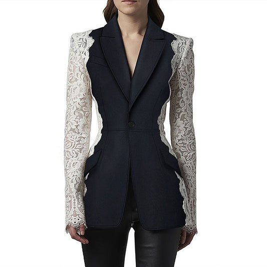 Fit One Button Contrast Color Lace Blazers