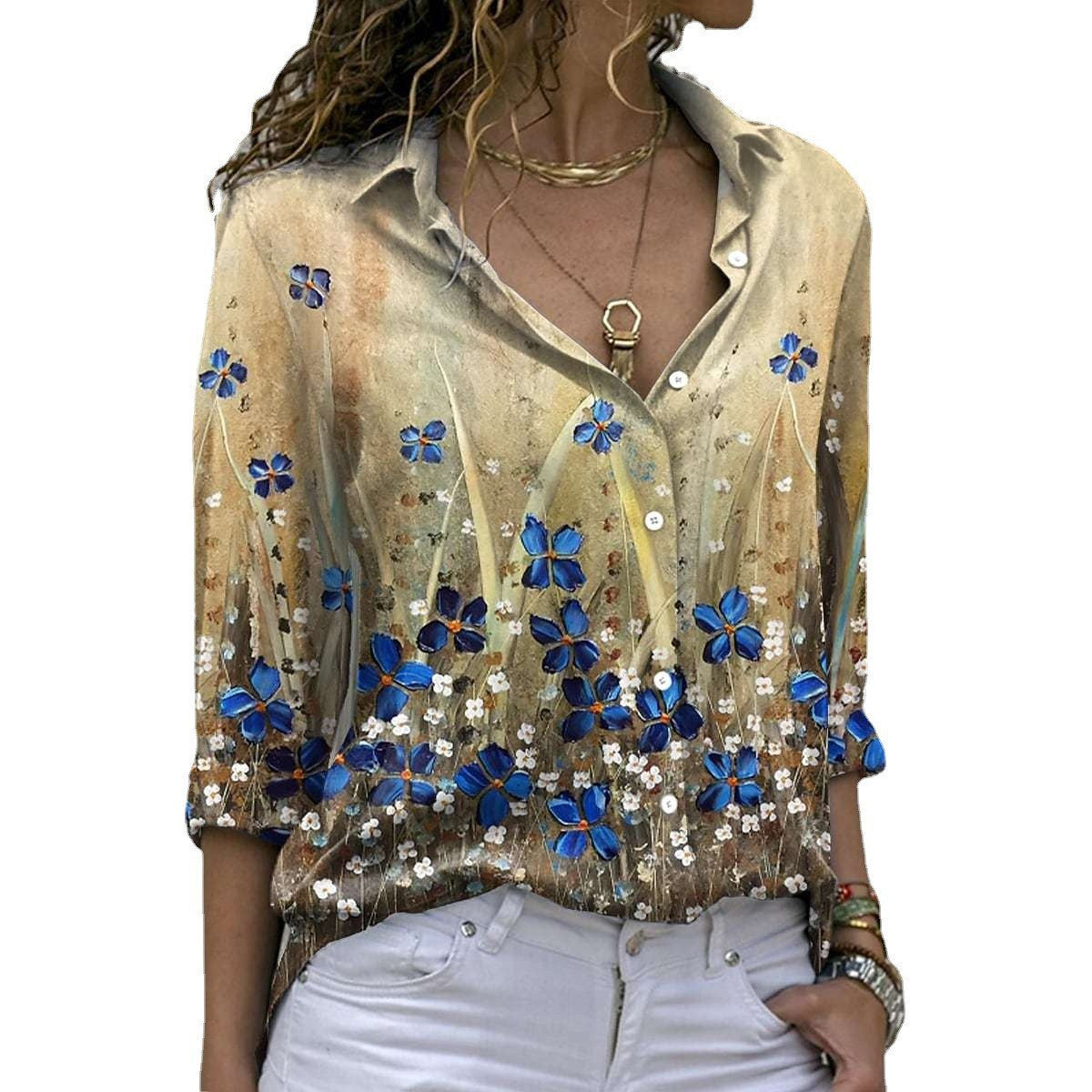 Flower Print Long Sleeve Lapel Shirt Blouses