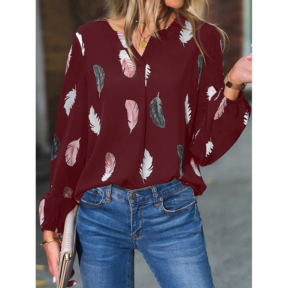 Women's V-neck Feather Print Long-sleeved Loose Blouses