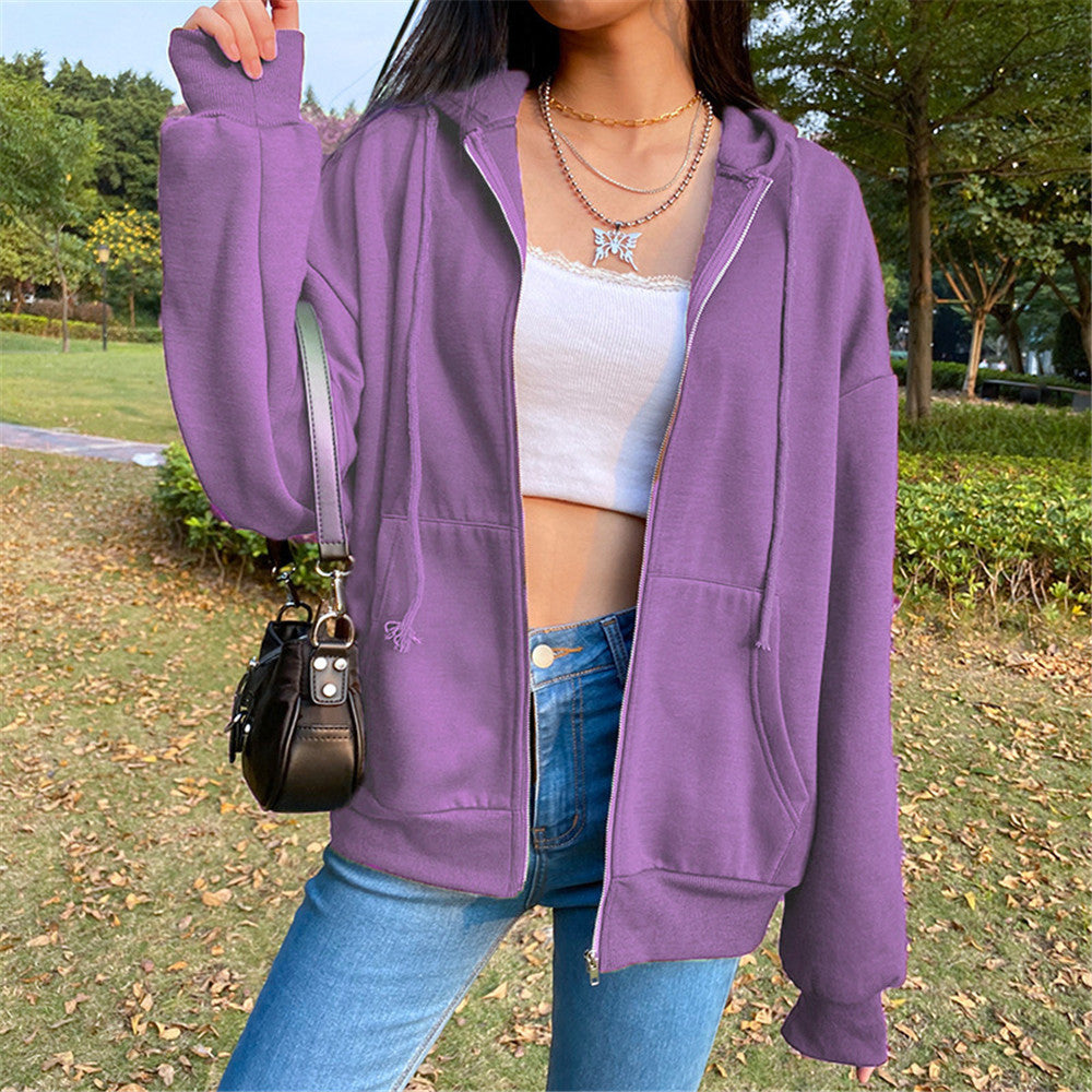 Women's Autumn Solid Color Hooded Fleece-lined Long-sleeved Sweaters