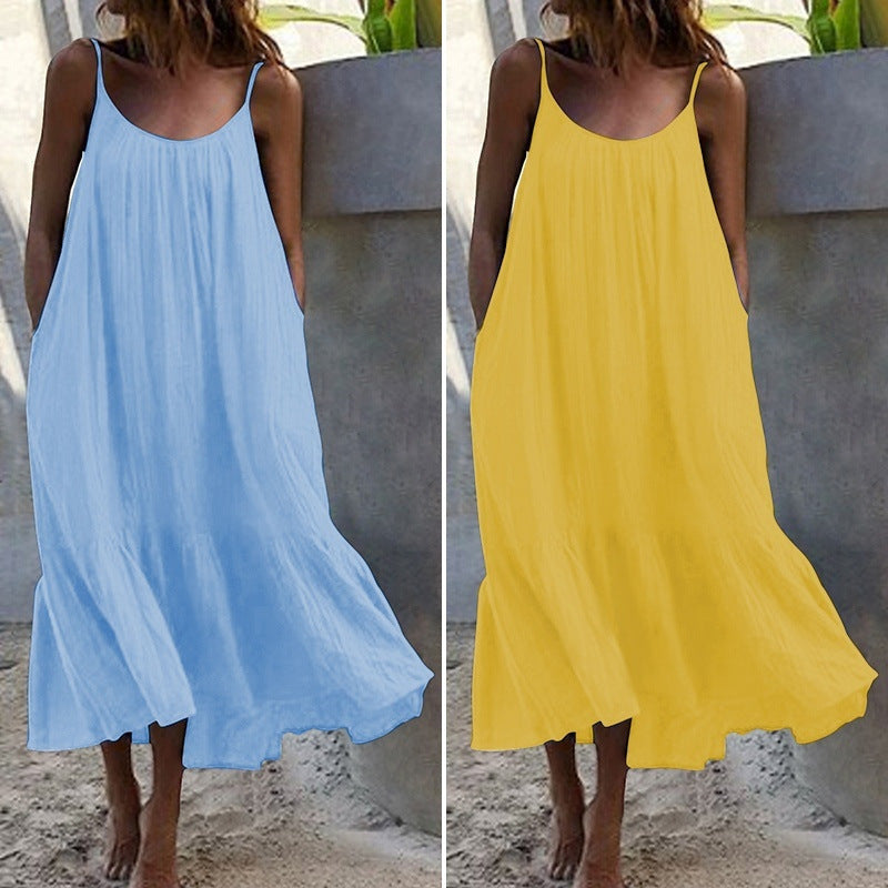 Ruffled Solid Color Dress Sleeveless Loose Dresses