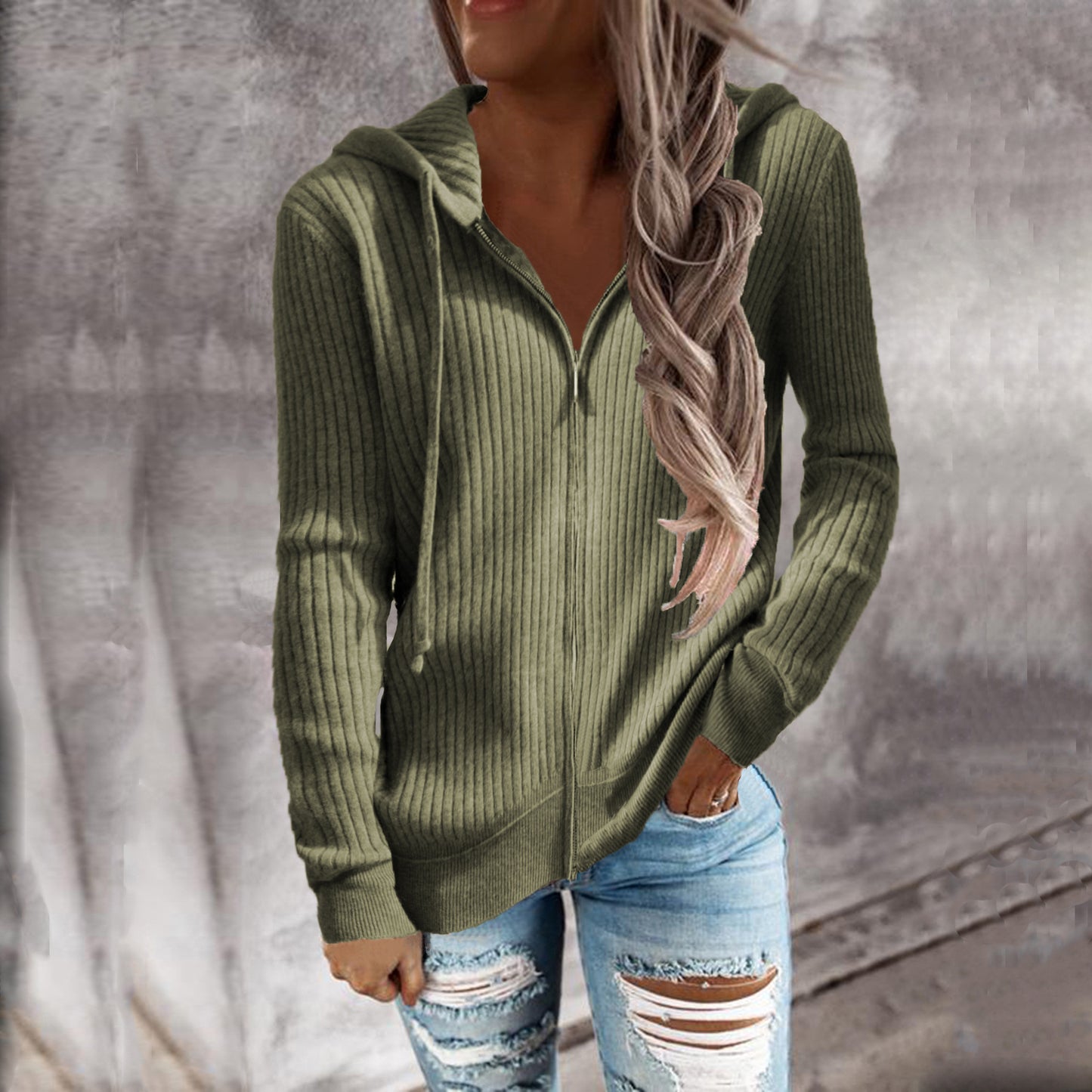 Women's Striped Casual Loose Zipper Long Sleeve Hooded Sweaters