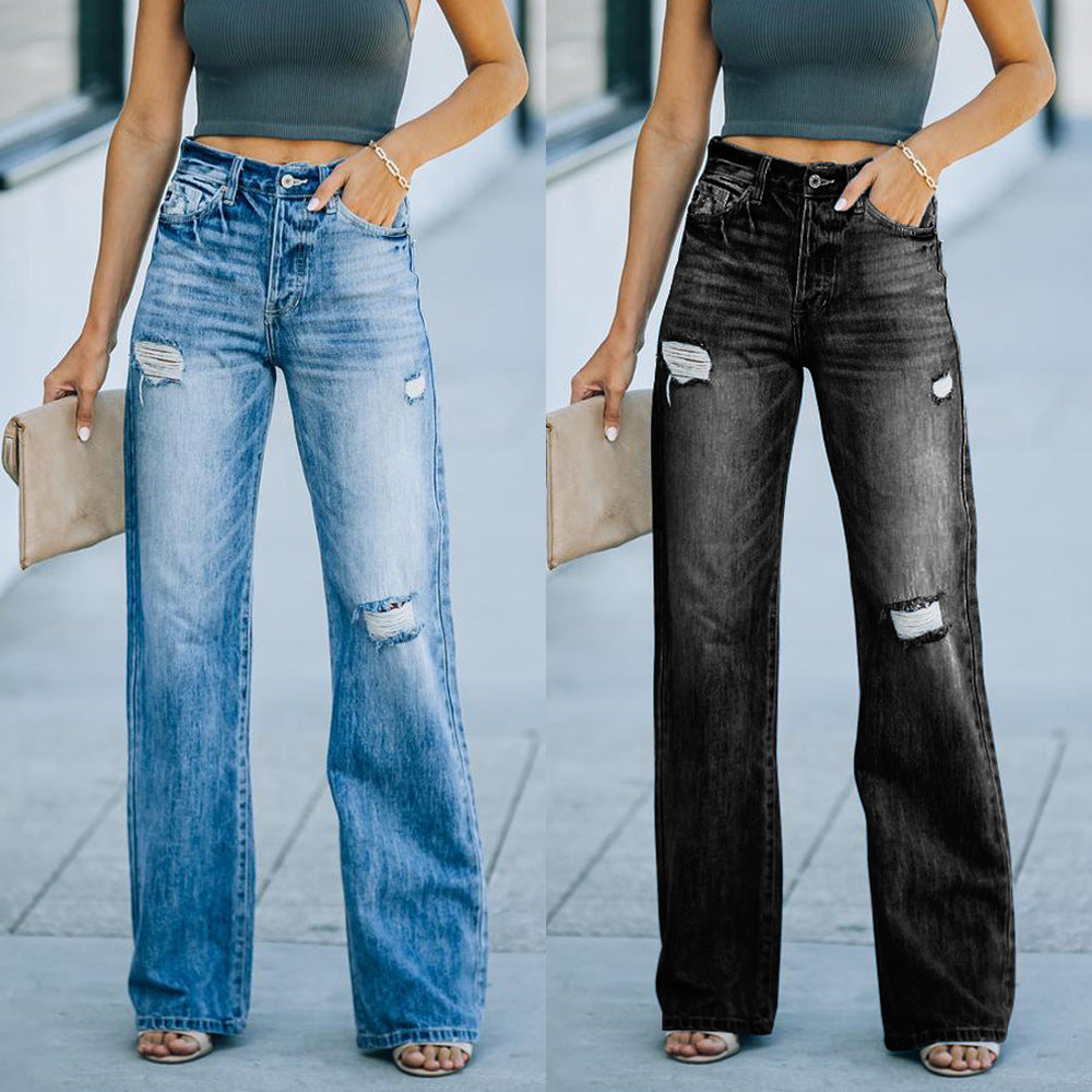 Women's Casual Slim Temperament Ripped Wide-leg Trousers Jeans