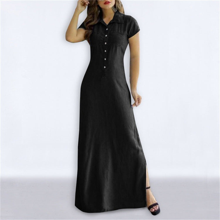 Dress Shirt Collar Slit Pocket Large Swing Dresses