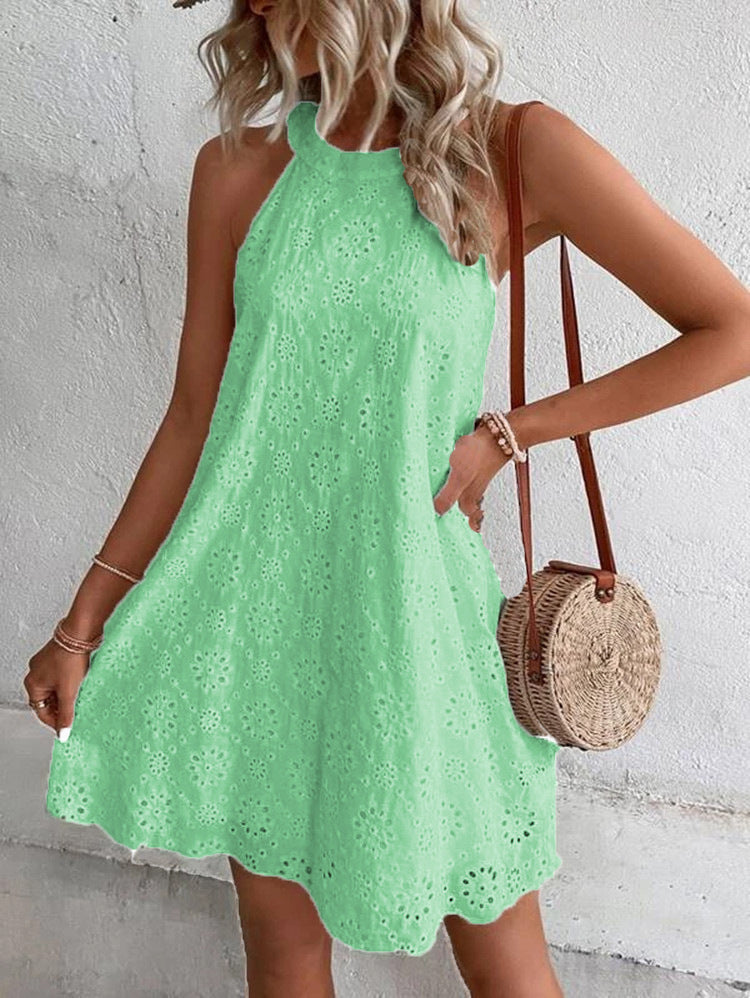 Women's Lace Solid Color Sleeveless Button Halter Dresses