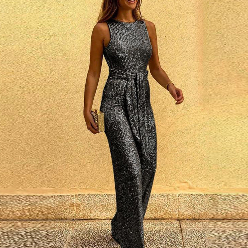 Women's Round Neck Sleeveless Personalized Sequined Sier Jumpsuits