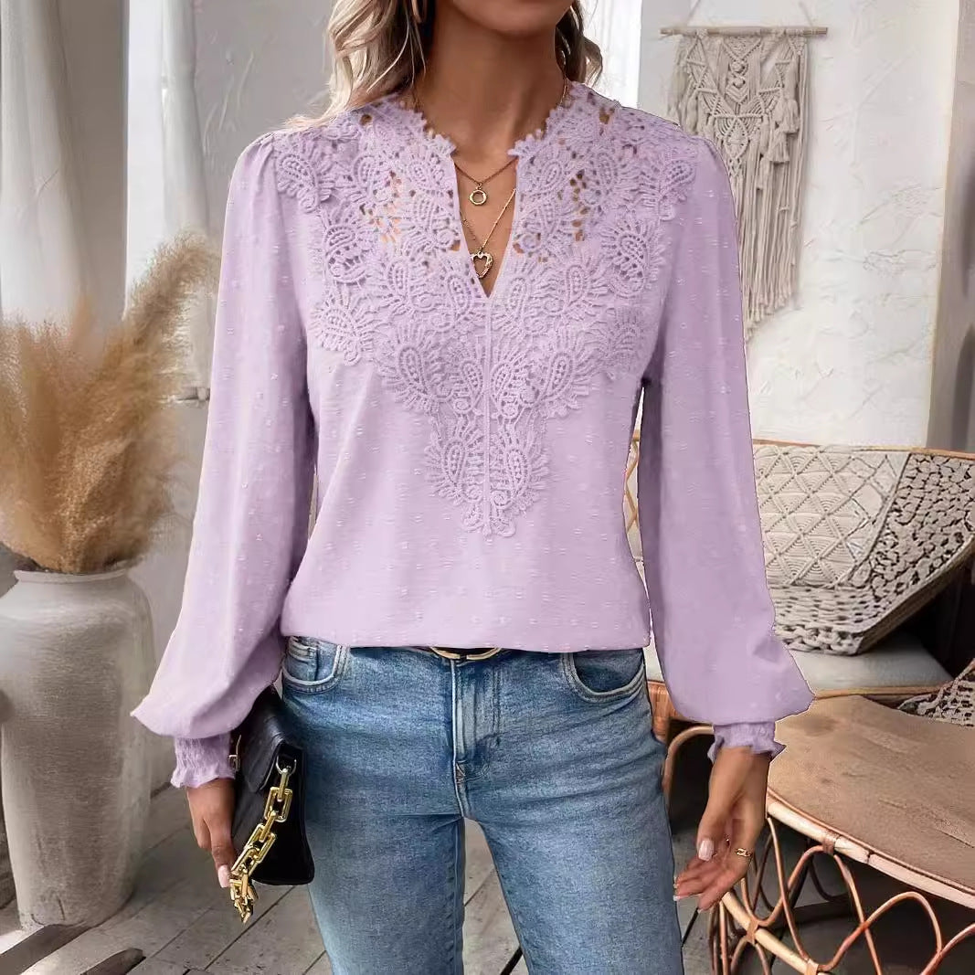 Women's Autumn Lace Stitching Solid Color Shirt Blouses