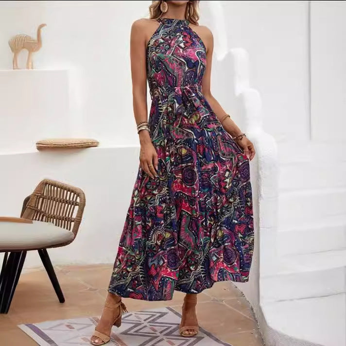 Women's Autumn Vintage Print Halter Bohemian Dress Clothing