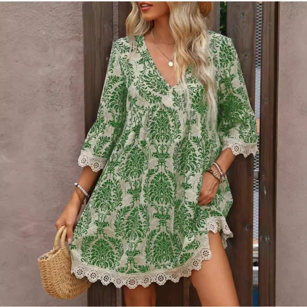 Popular Fashion Printed Lace Sleeve Dress Dresses