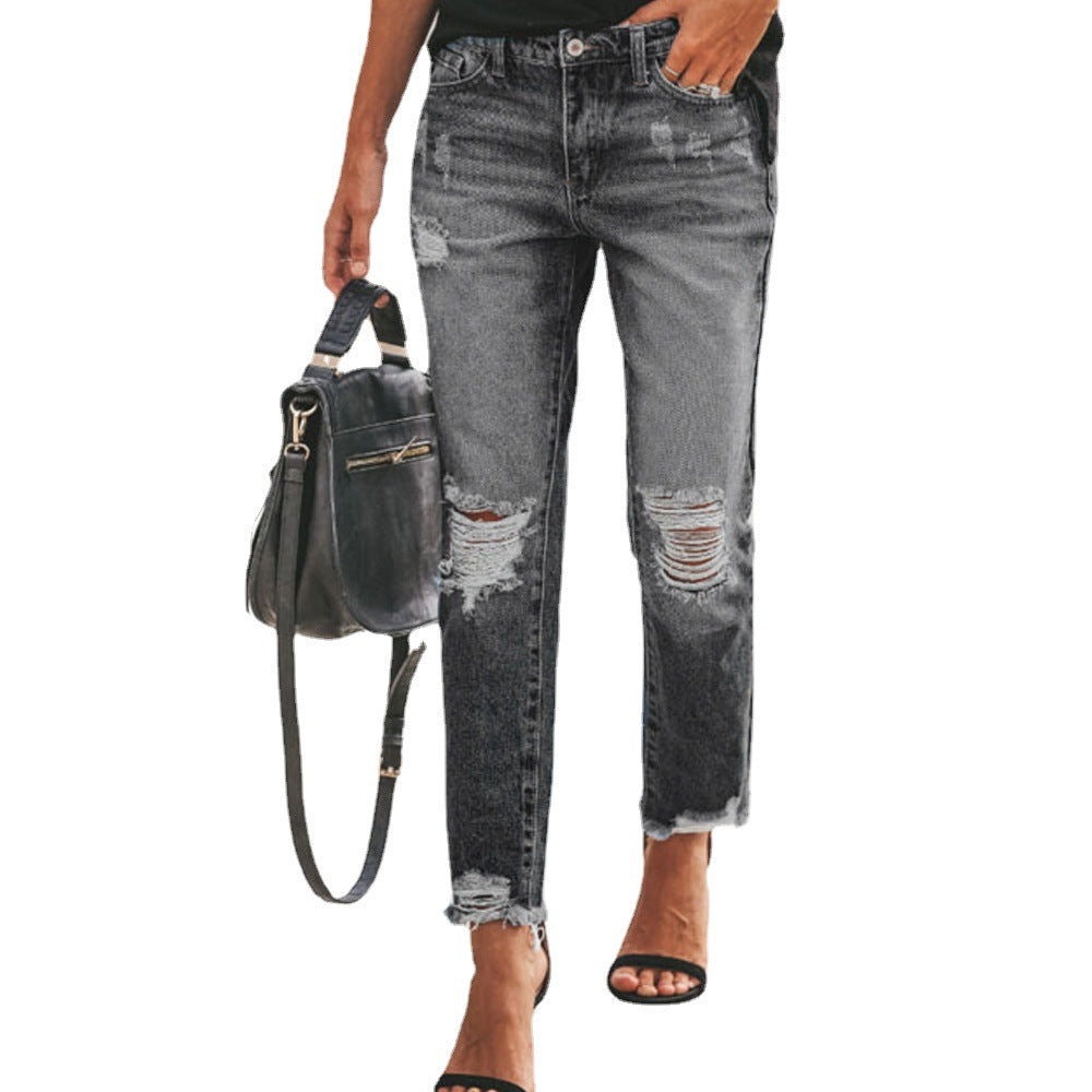 Women's Summer Denim Temperament Ripped Trousers Casual Jeans