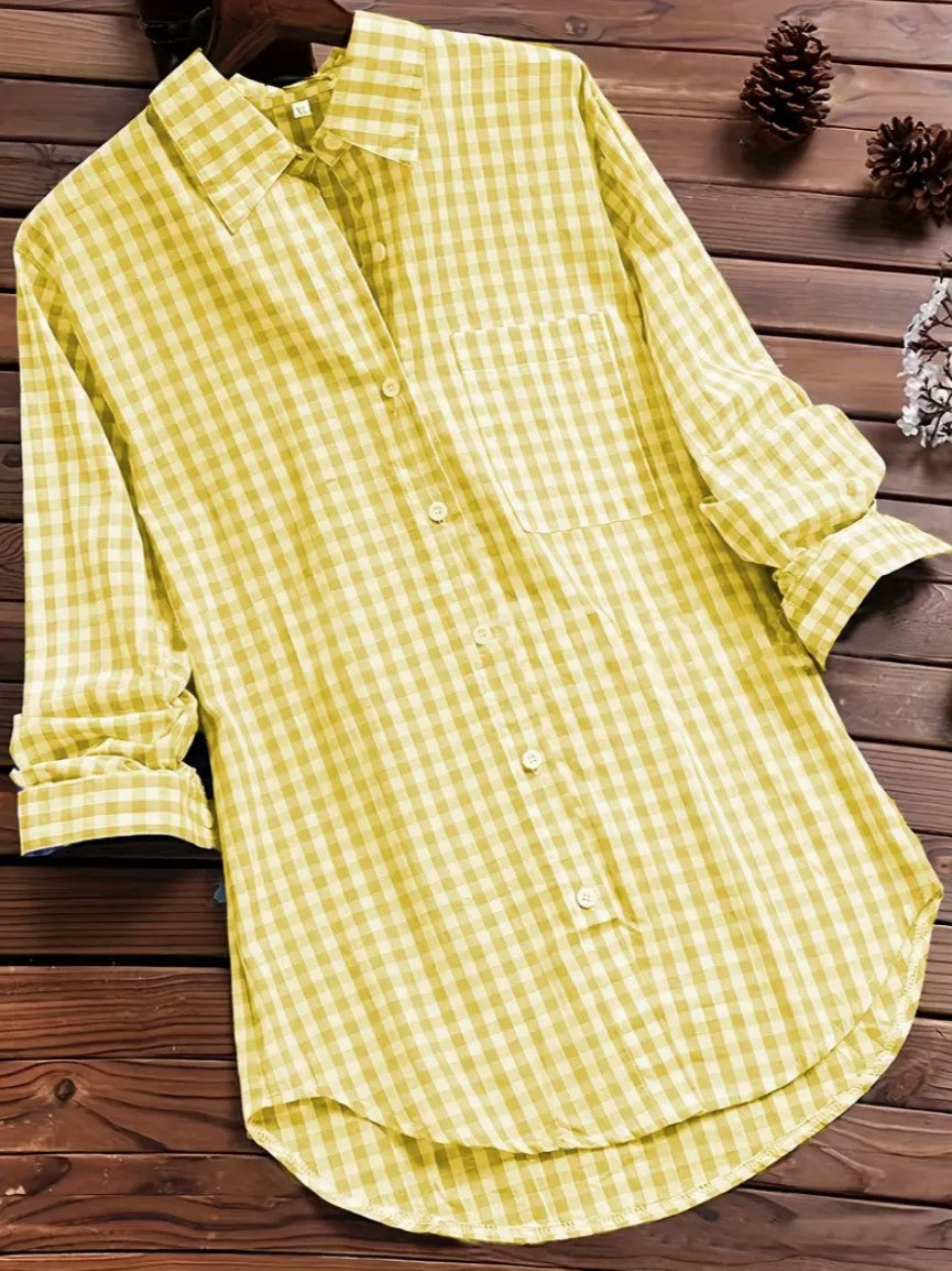 Women's Plaid Long-sleeved Shirt With Buttons For Blouses