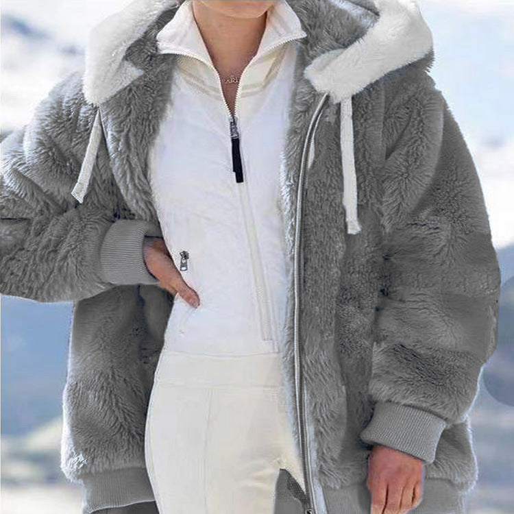 Women's Loose Plush Zipper Hooded Furry Coats