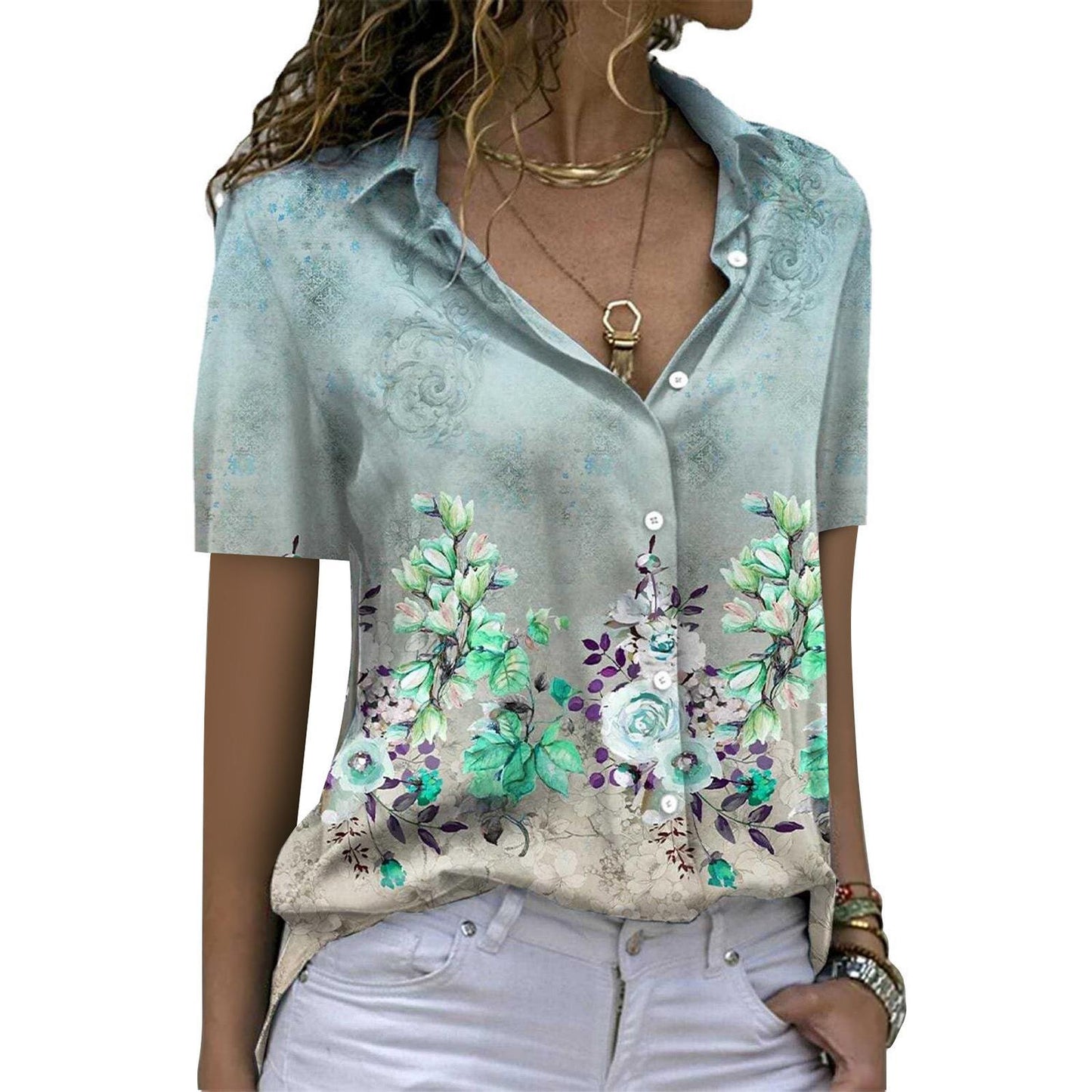 Women's Printed Short-sleeved Single-breasted Shirt Lapel Fashion Blouses