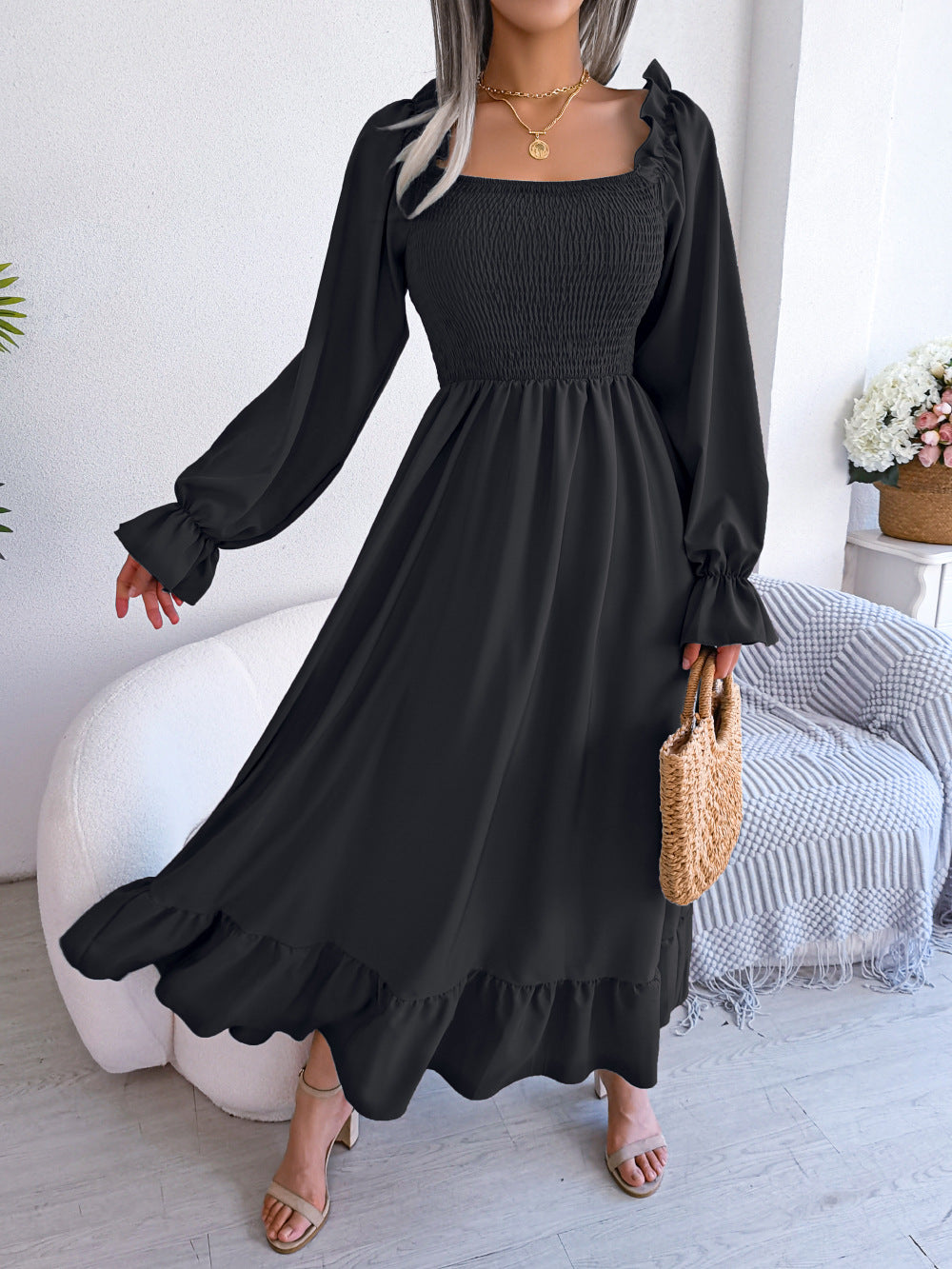 Women's Square Collar Flare Large Swing Ruffled Dresses