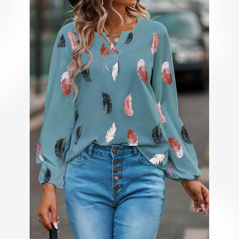 Women's Spring T-shirt Fashion Feather Print Long Blouses