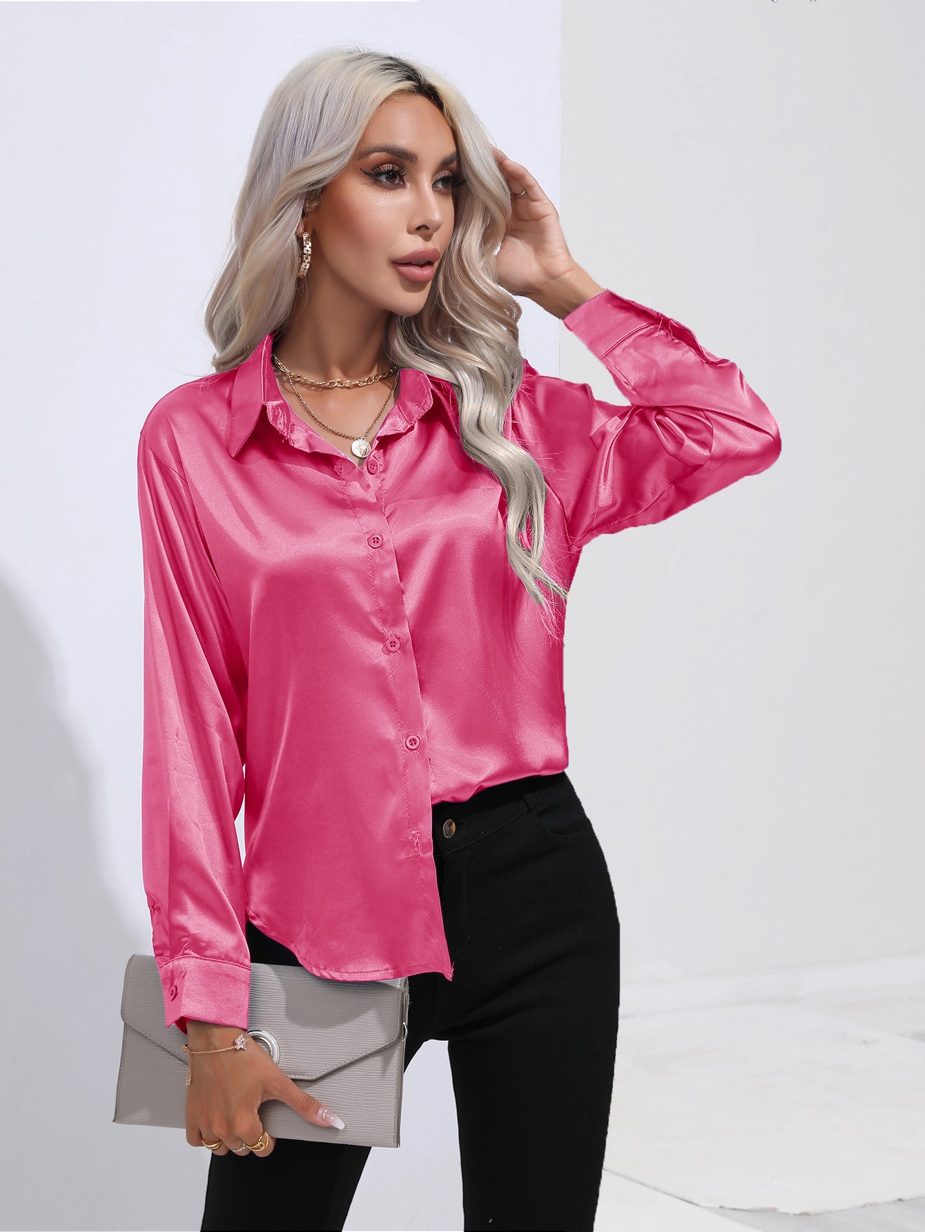 Women's Attractive Pretty Satin Shirt Long-sleeved Blouses