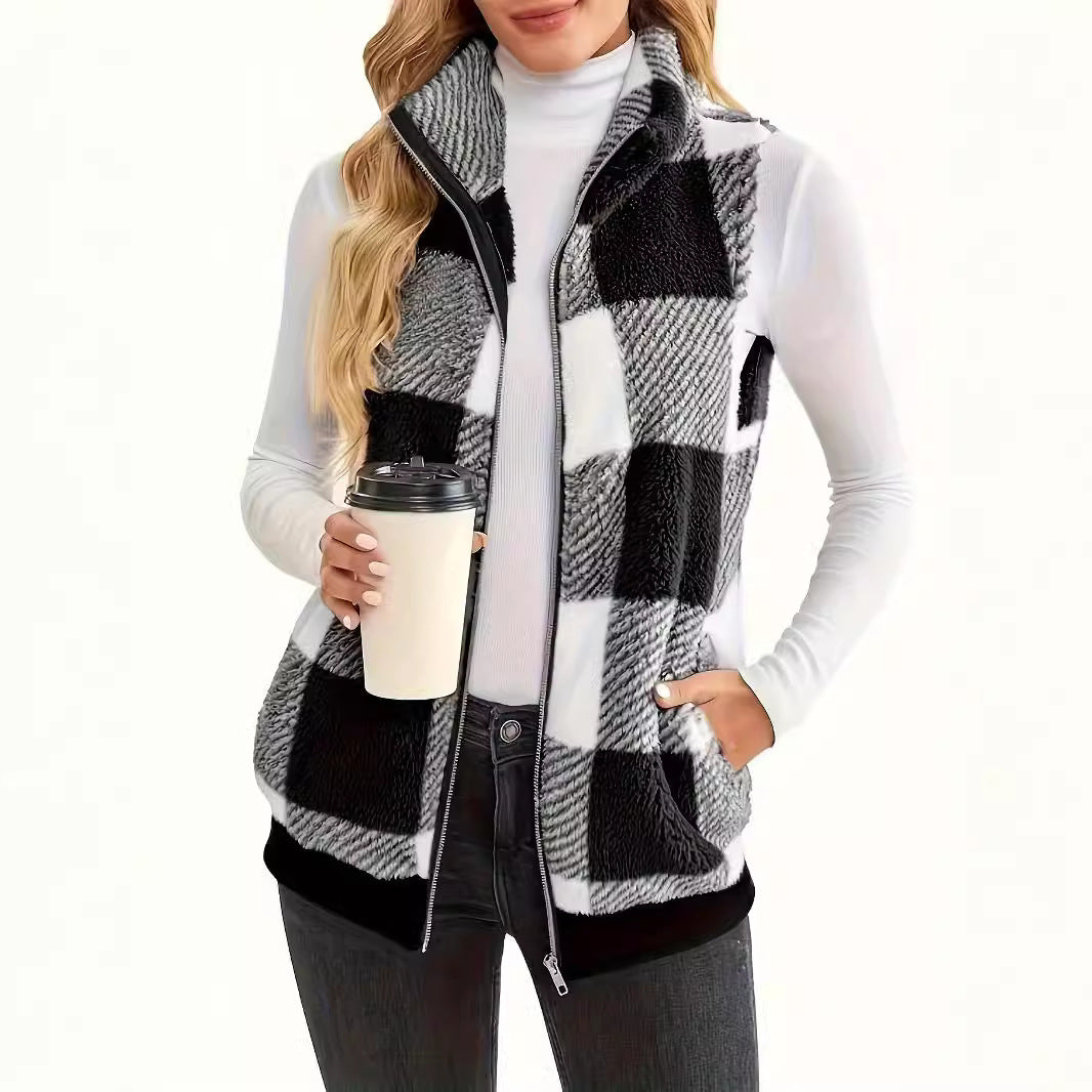 Women's Waistcoat Plaid Plush Stand Collar Sleeveless Vests