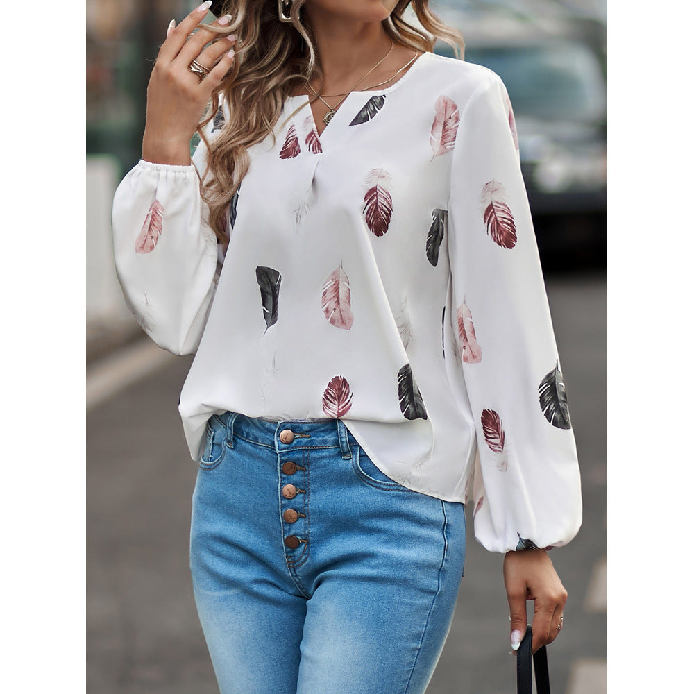 Women's Spring T-shirt Fashion Feather Print Long Blouses