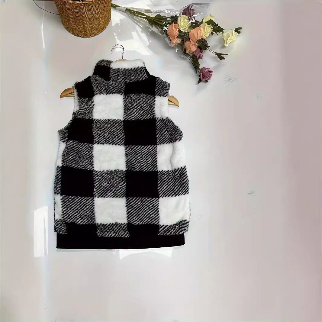 Women's Waistcoat Plaid Plush Stand Collar Sleeveless Vests