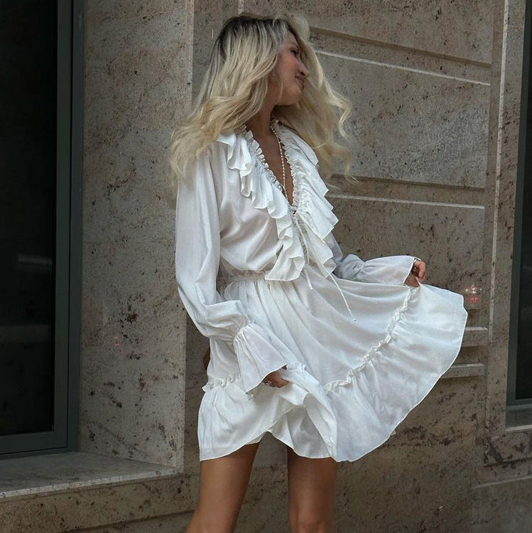 Women's Fashionable Pleating Bell Sleeve Ruffled White Dresses