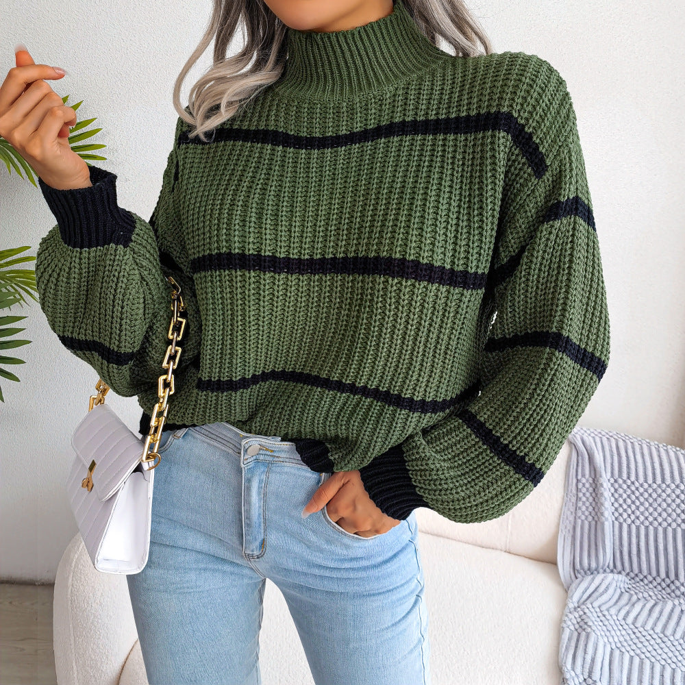 Women's Casual Striped Lantern Sleeve Half Turtleneck Sweaters