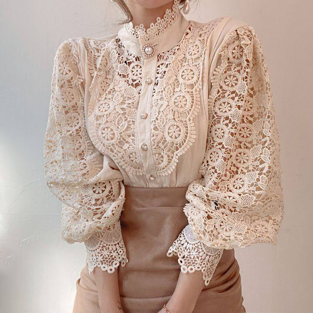 Women's Collar Cotton Solid Color Lace Hollow-out Long-sleeved Blouses