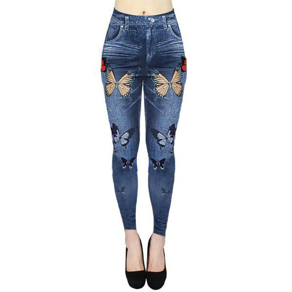 Women's High Waist Elastic Imitation Denim Fitness Leggings