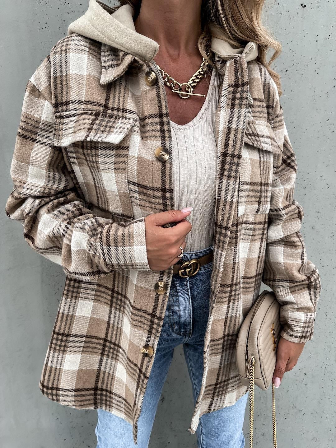 Women's Hooded Plaid Loose Button Shirt Coats