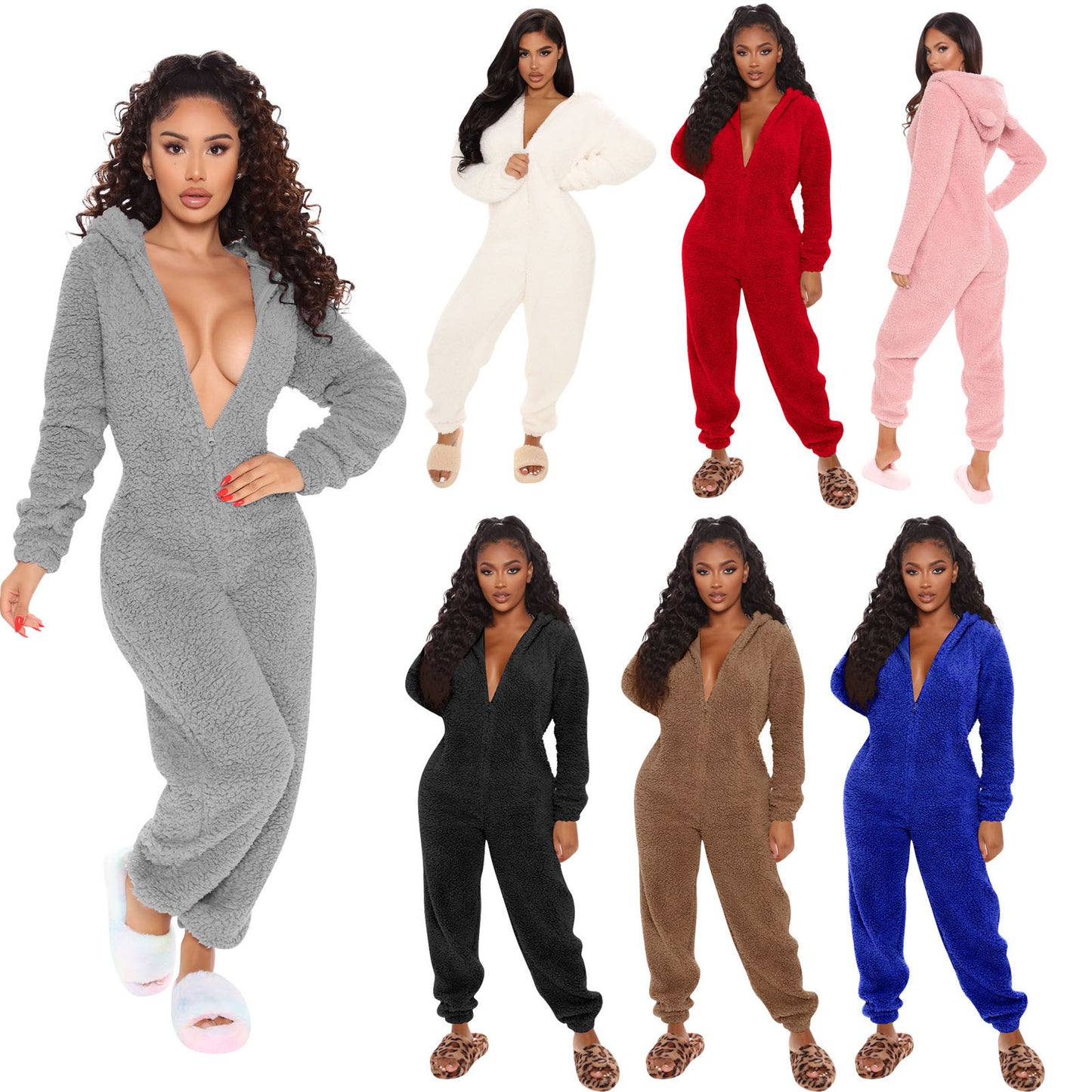 Sleeve Hooded Casual Trousers Plush Pajamas Jumpsuits